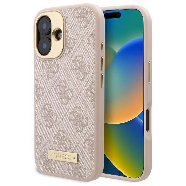 MagSafe Hülle für Apple iPhone 16 Plus, Guess, 4G Logo Plate, Rosa