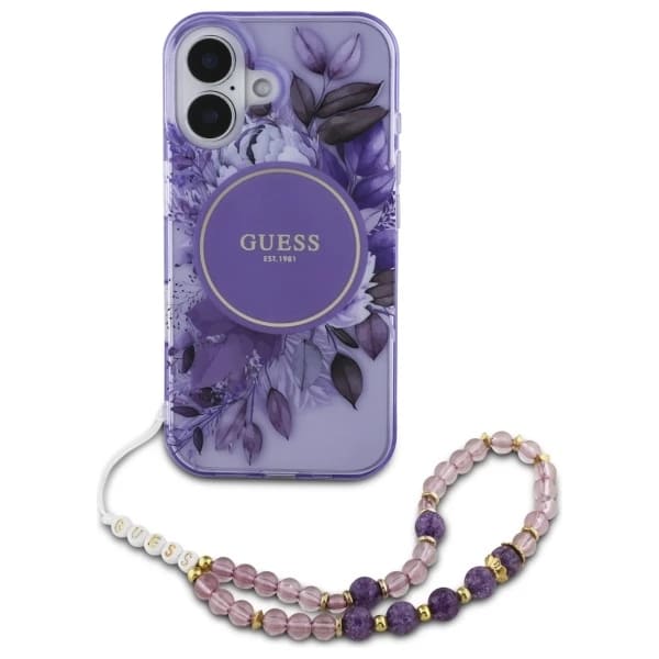 MagSafe Hülle für Apple iPhone 16 Plus, Guess, IML Flowers with Pearl Strap, Lila