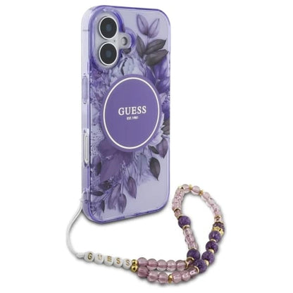 MagSafe Hülle für Apple iPhone 16 Plus, Guess, IML Flowers with Pearl Strap, Lila
