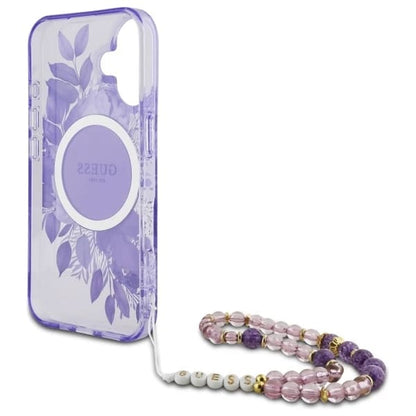 MagSafe Hülle für Apple iPhone 16 Plus, Guess, IML Flowers with Pearl Strap, Lila