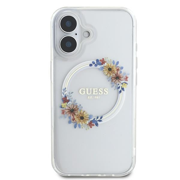 MagSafe Hülle für Apple iPhone 16 Plus, Guess, IML Flowers Wreath, Transparent