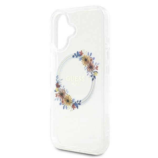 MagSafe Hülle für Apple iPhone 16 Plus, Guess, IML Flowers Wreath, Transparent
