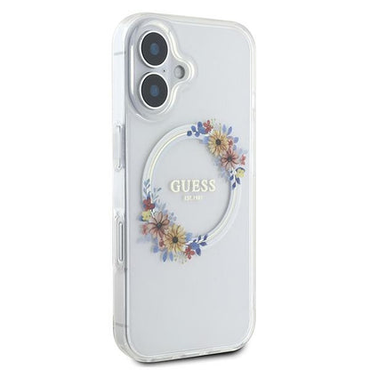 MagSafe Hülle für Apple iPhone 16 Plus, Guess, IML Flowers Wreath, Transparent