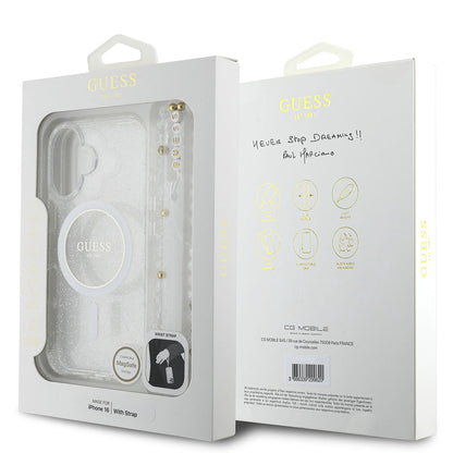 MagSafe Hülle für Apple iPhone 16 Plus, Guess, IML Glitter mit Perlengurt, Transparent