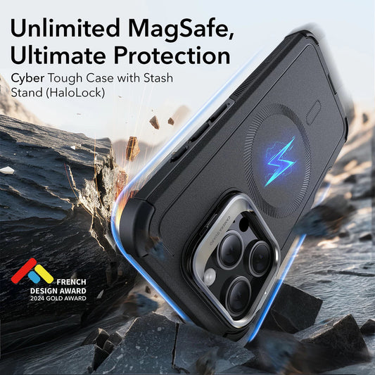 MagSafe Hülle für Apple iPhone 16 Pro, ESR, Cyber Armor Kickstand, Grau
