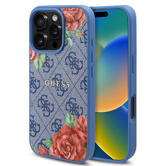 MagSafe Case for Apple iPhone 16 Pro, Guess, 4G Flowers Print, Blue