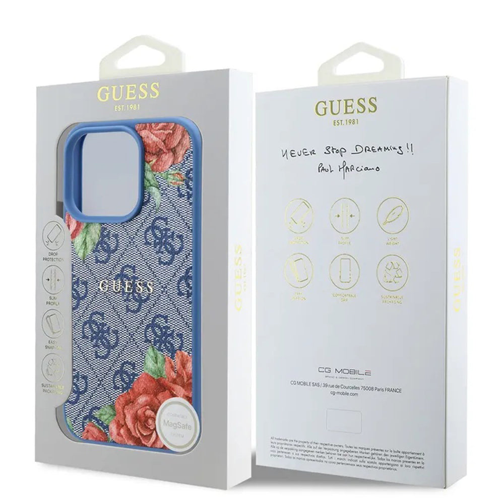 MagSafe Hülle für Apple iPhone 16 Pro, Guess, 4G Flowers Print, Blau