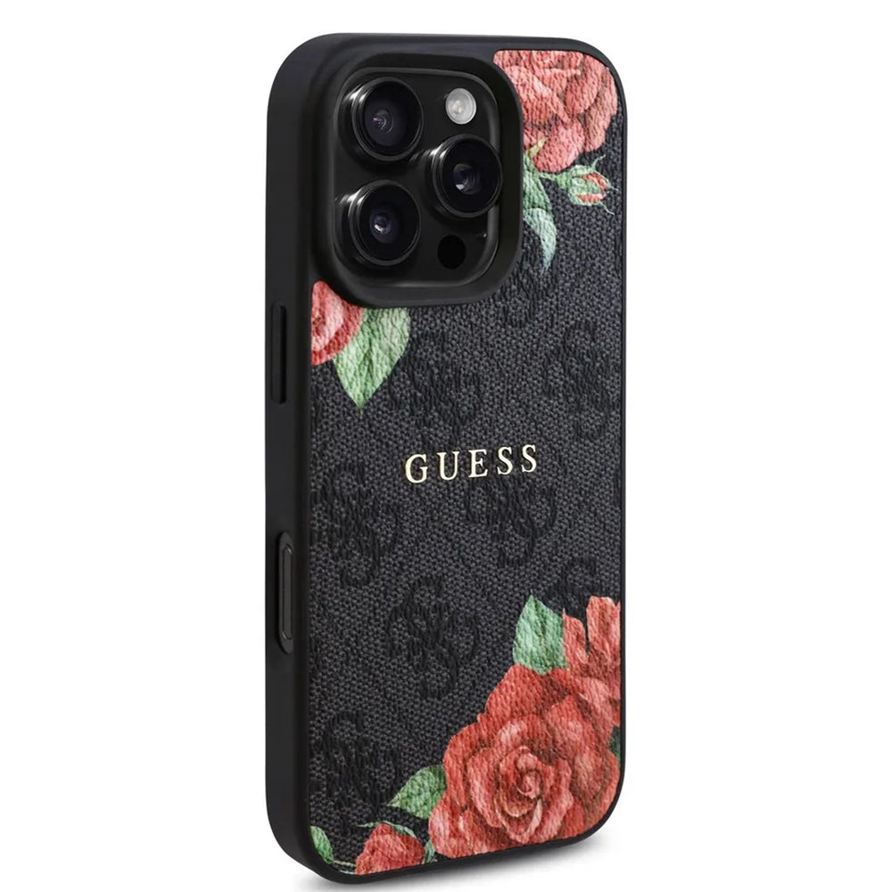 MagSafe Case for Apple iPhone 16 Pro, Guess, 4G Flowers Print, Black