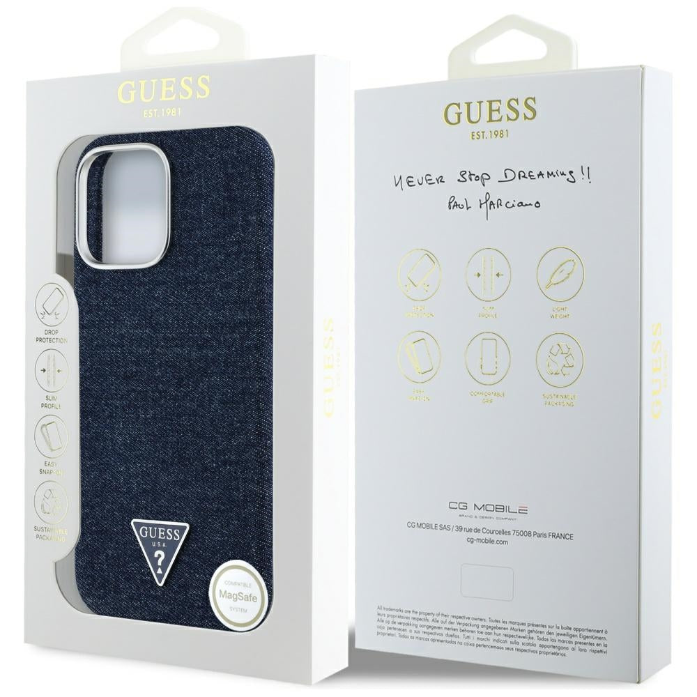 MagSafe Hülle für Apple iPhone 16 Pro, Guess, Denim Triangle Logo, Blau