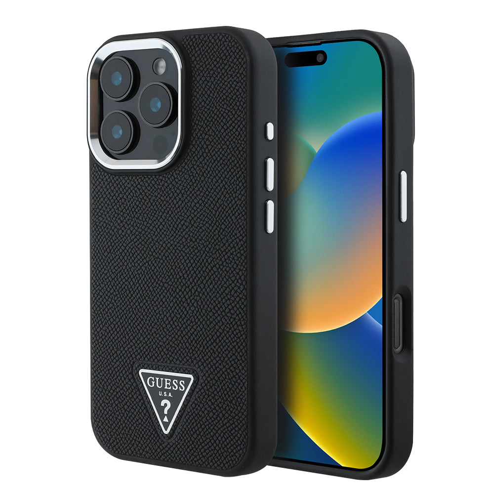 MagSafe Hülle für Apple iPhone 16 Pro, Guess, Grained Triangle Logo, Schwarz