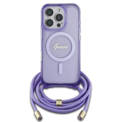 MagSafe Hülle für Apple iPhone 16 Pro, Guess, IML Crossbody Cord Script, Lila