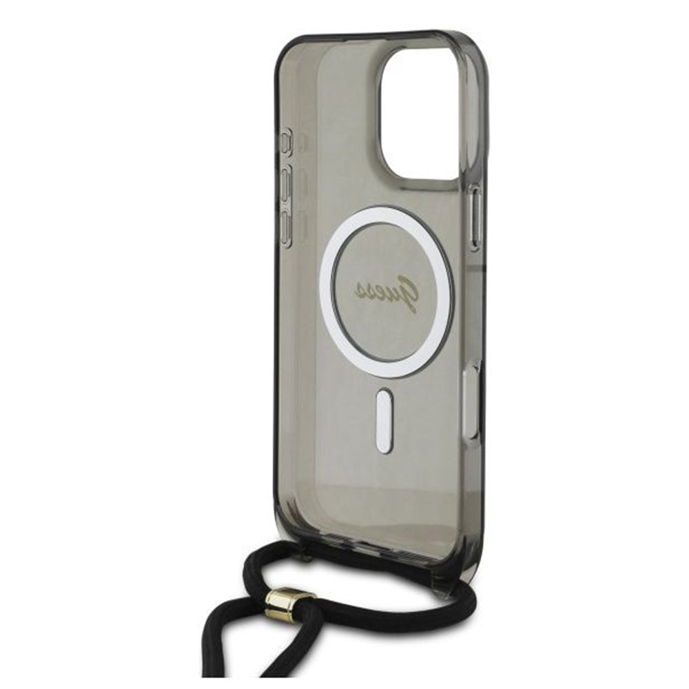 MagSafe Hülle für Apple iPhone 16 Pro, Guess, IML Crossbody Cord Script, Schwarz