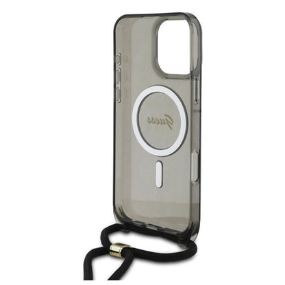 MagSafe Hülle für Apple iPhone 16 Pro, Guess, IML Crossbody Cord Script, Schwarz