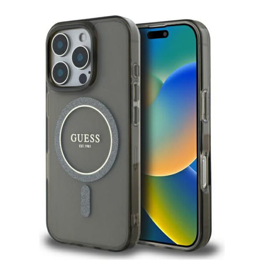MagSafe Hülle für Apple iPhone 16 Pro, Guess, IML Glitter Ring, Schwarz