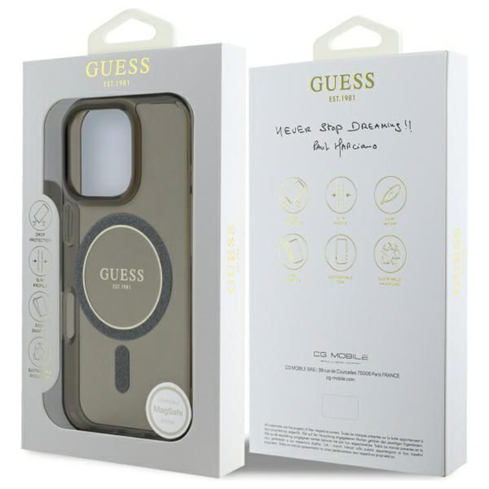 MagSafe Case for Apple iPhone 16 Pro, Guess, IML Glitter Ring, Black