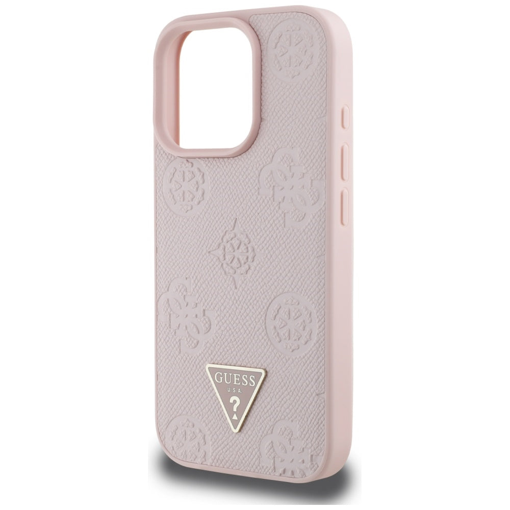 MagSafe Hülle für Apple iPhone 16 Pro, Guess, Peony Grained Hot Stamp Triangle, Rosa