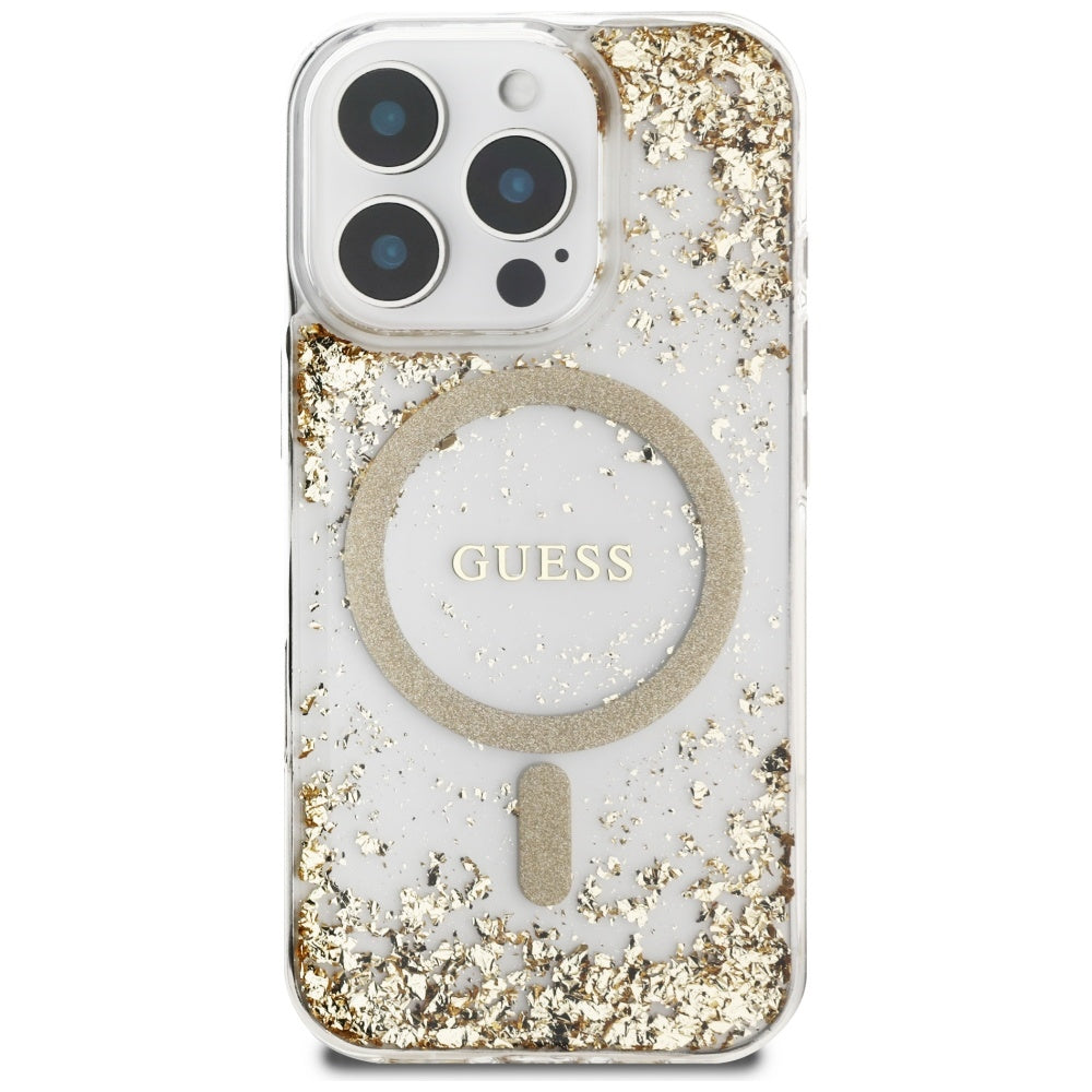 MagSafe Hülle für Apple iPhone 16 Pro, Guess, Resin Bottom Glitter, Gold
