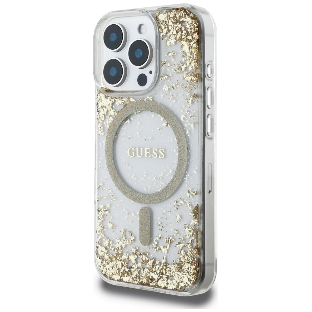 MagSafe Hülle für Apple iPhone 16 Pro, Guess, Resin Bottom Glitter, Gold