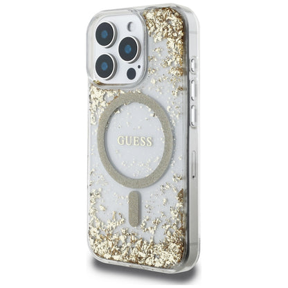 MagSafe Hülle für Apple iPhone 16 Pro, Guess, Resin Bottom Glitter, Gold