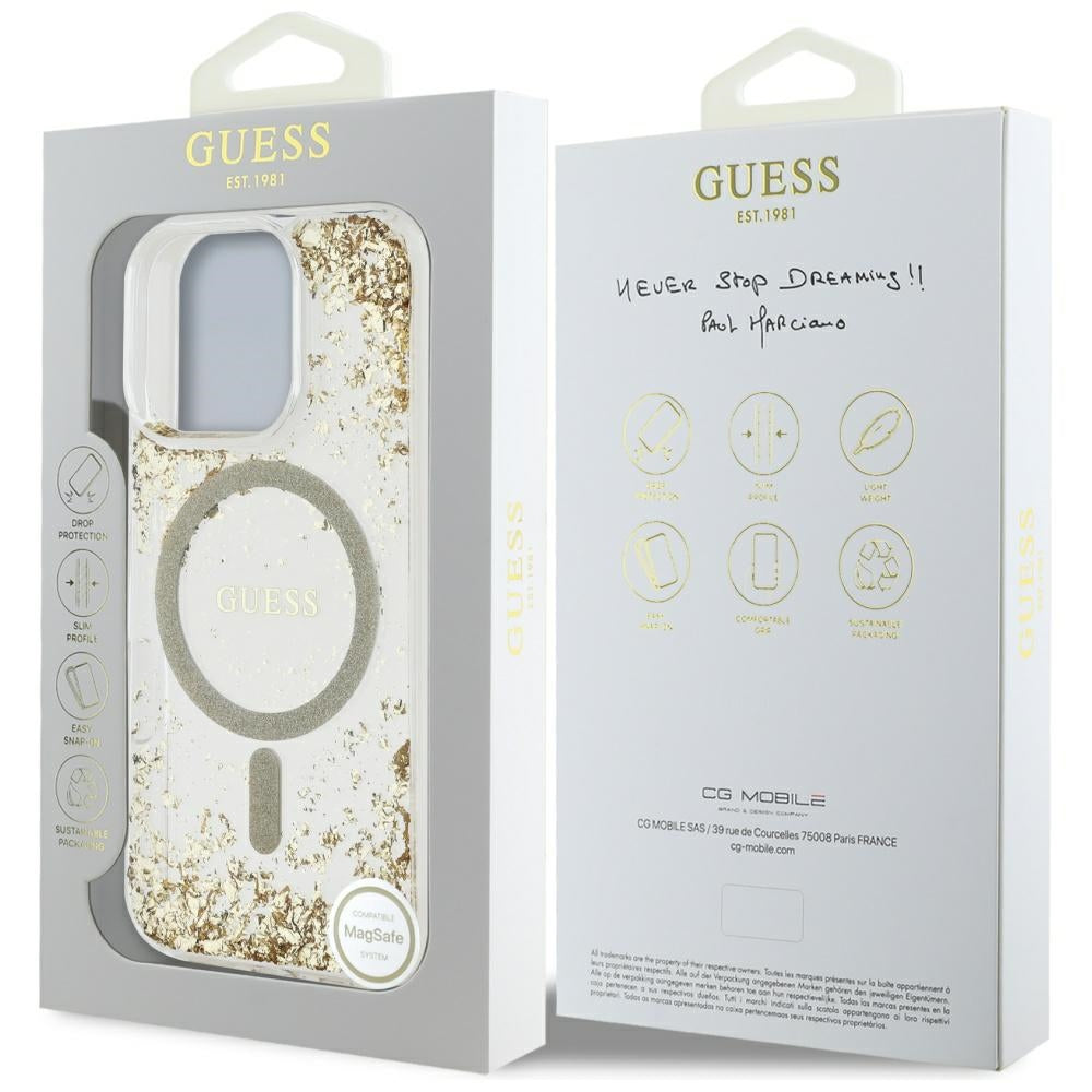 MagSafe Hülle für Apple iPhone 16 Pro, Guess, Resin Bottom Glitter, Gold