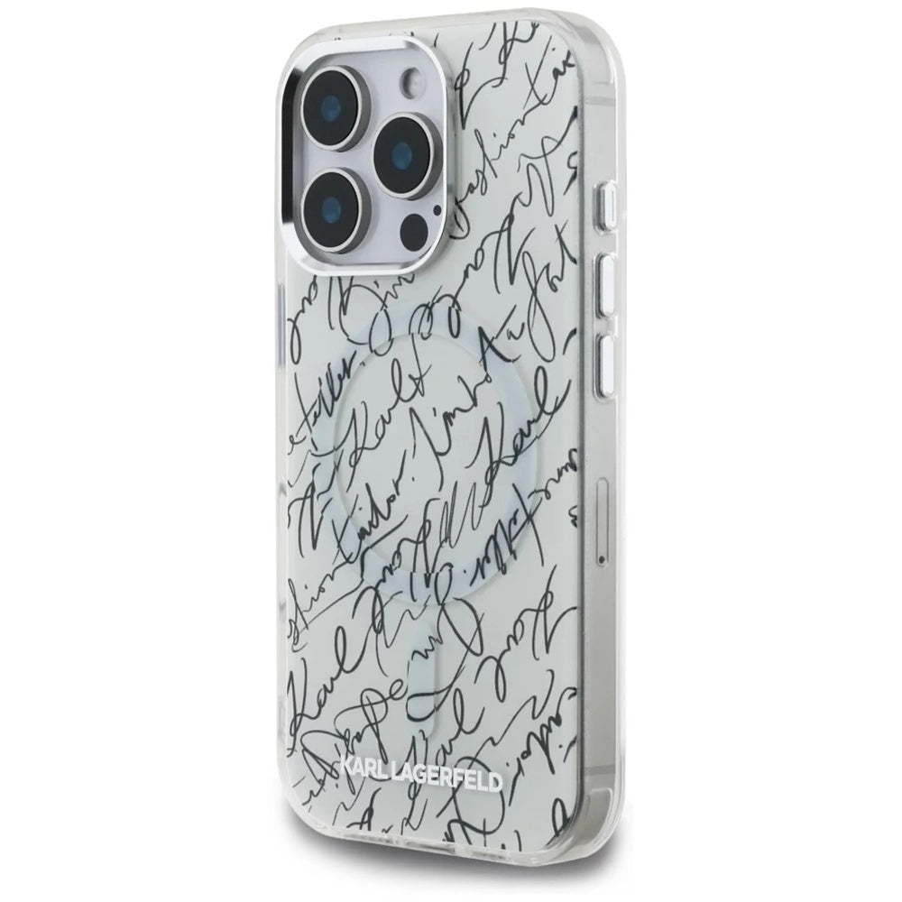 MagSafe Hülle für Apple iPhone 16 Pro, Karl Lagerfeld, IML Karl Script Muster, Weiß