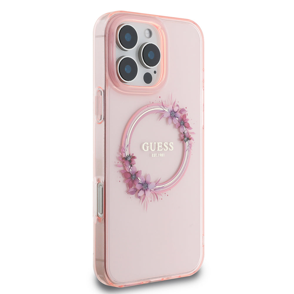 MagSafe Hülle für Apple iPhone 16 Pro Max, Guess, IML Flowers Wreath, Rosa