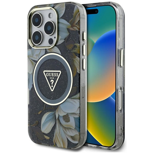 MagSafe Hülle für Apple iPhone 16 Pro Max, Guess, IML Metal Glitter Flowers Triangle, Schwarz