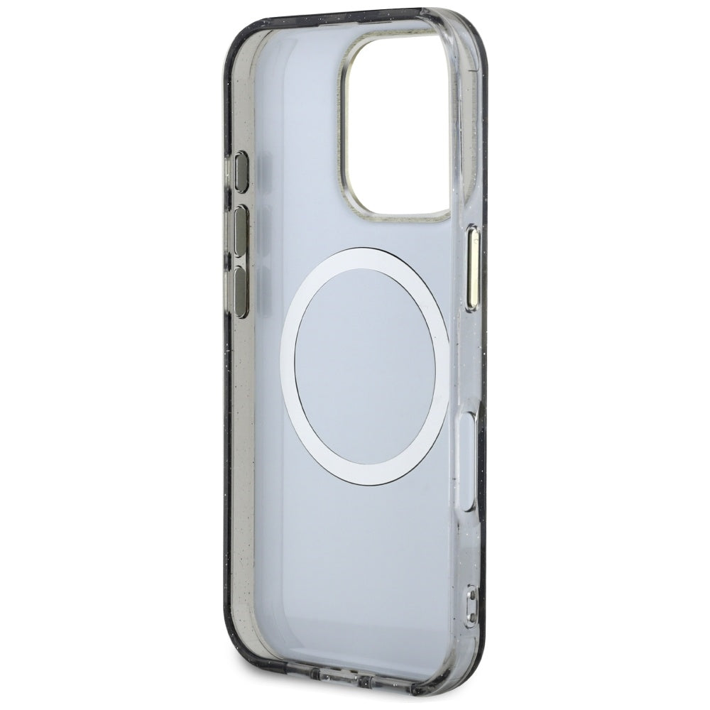 MagSafe Hülle für Apple iPhone 16 Pro Max, Guess, IML Metal Glitter Flowers Triangle, Schwarz