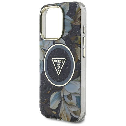 MagSafe Hülle für Apple iPhone 16 Pro Max, Guess, IML Metal Glitter Flowers Triangle, Schwarz