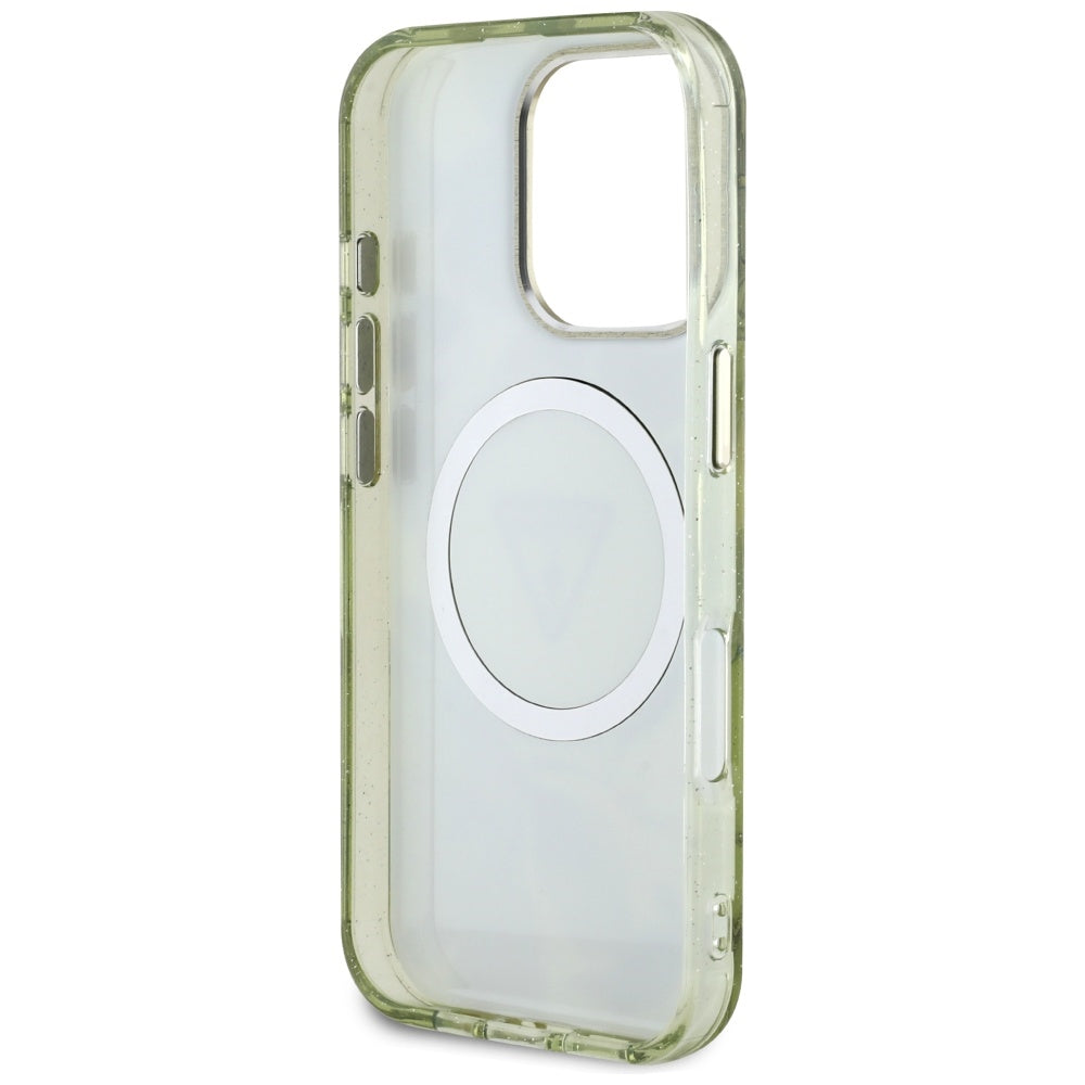 MagSafe Hülle für Apple iPhone 16 Pro Max, Guess, IML Metal Glitter Flowers Triangle, Grün