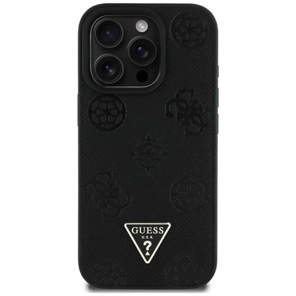 MagSafe Hülle für Apple iPhone 16 Pro Max, Guess, Peony Grained Hot Stamp Triangle, Schwarz