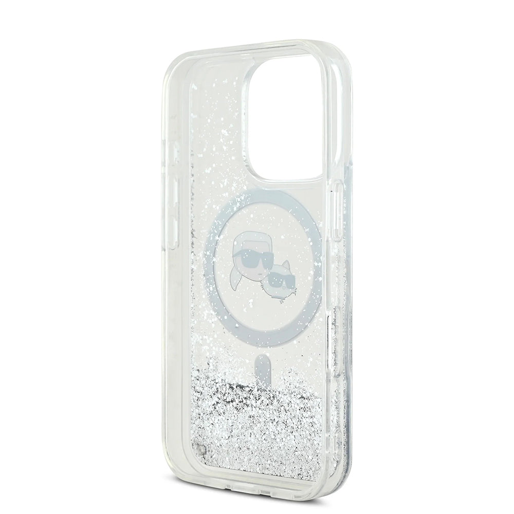 MagSafe Case for Apple iPhone 16 Pro Max, Karl Lagerfeld, Liquid Glitter Karl & Choupette's Heads, Transparent