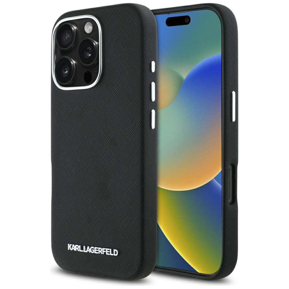 MagSafe Hülle für Apple iPhone 16 Pro Max, Karl Lagerfeld, Saffiano Full Wrapped Elongated Metal Logo, Schwarz