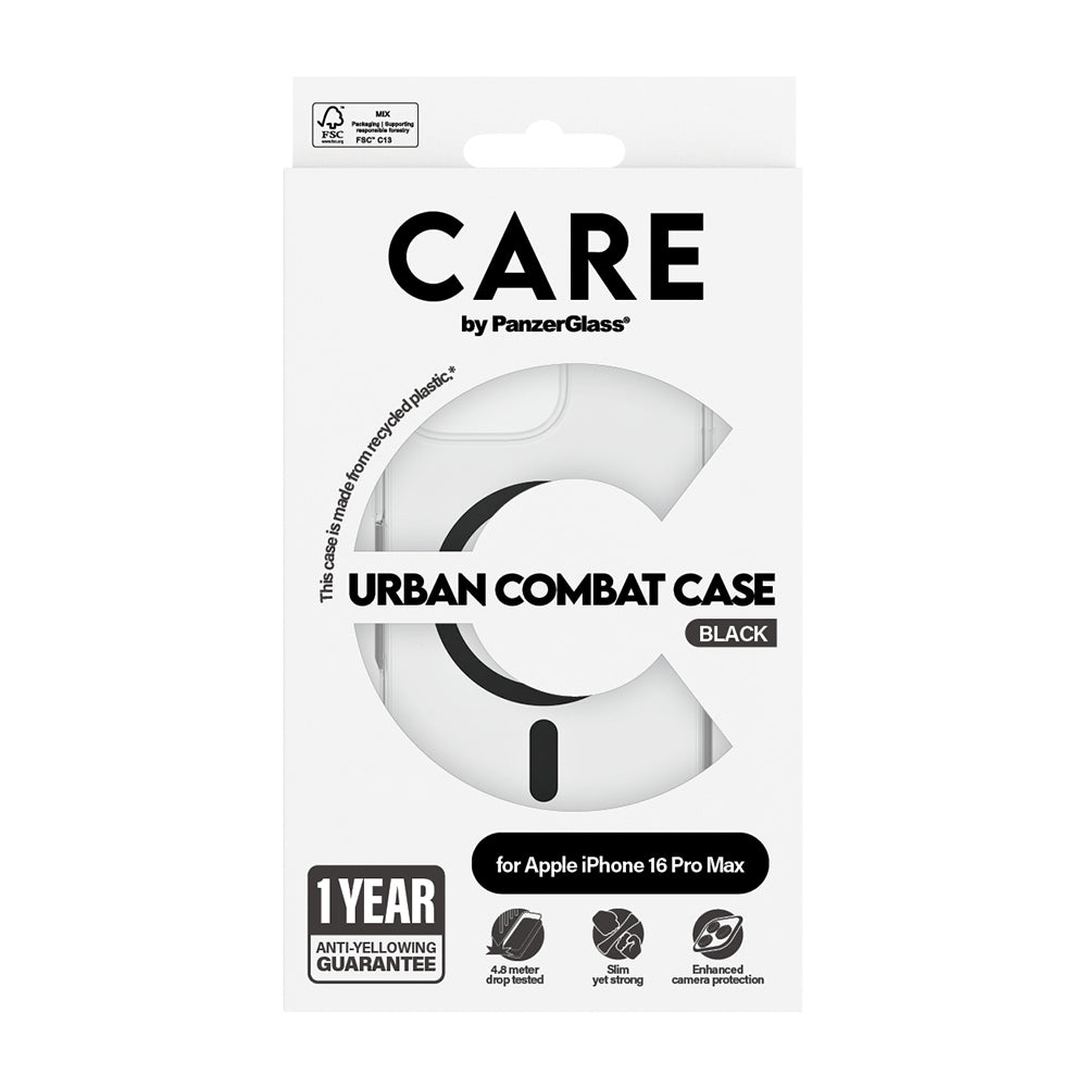MagSafe Hülle für Apple iPhone 16 Pro Max, PanzerGlass, Care Urban Combat, Schwarz Transparent