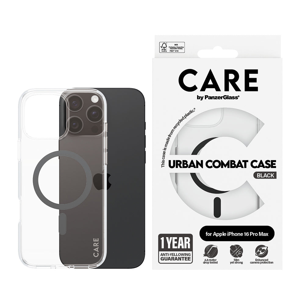 MagSafe Hülle für Apple iPhone 16 Pro Max, PanzerGlass, Care Urban Combat, Schwarz Transparent