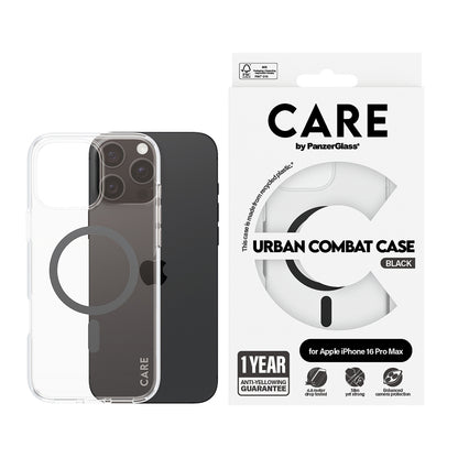 MagSafe Hülle für Apple iPhone 16 Pro Max, PanzerGlass, Care Urban Combat, Schwarz Transparent
