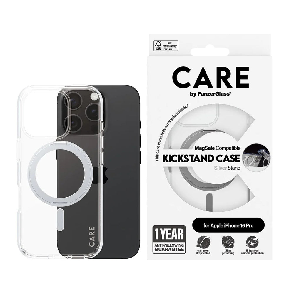 MagSafe Hülle für Apple iPhone 16 Pro, PanzerGlass, mit Kickstand, Silber Transparent