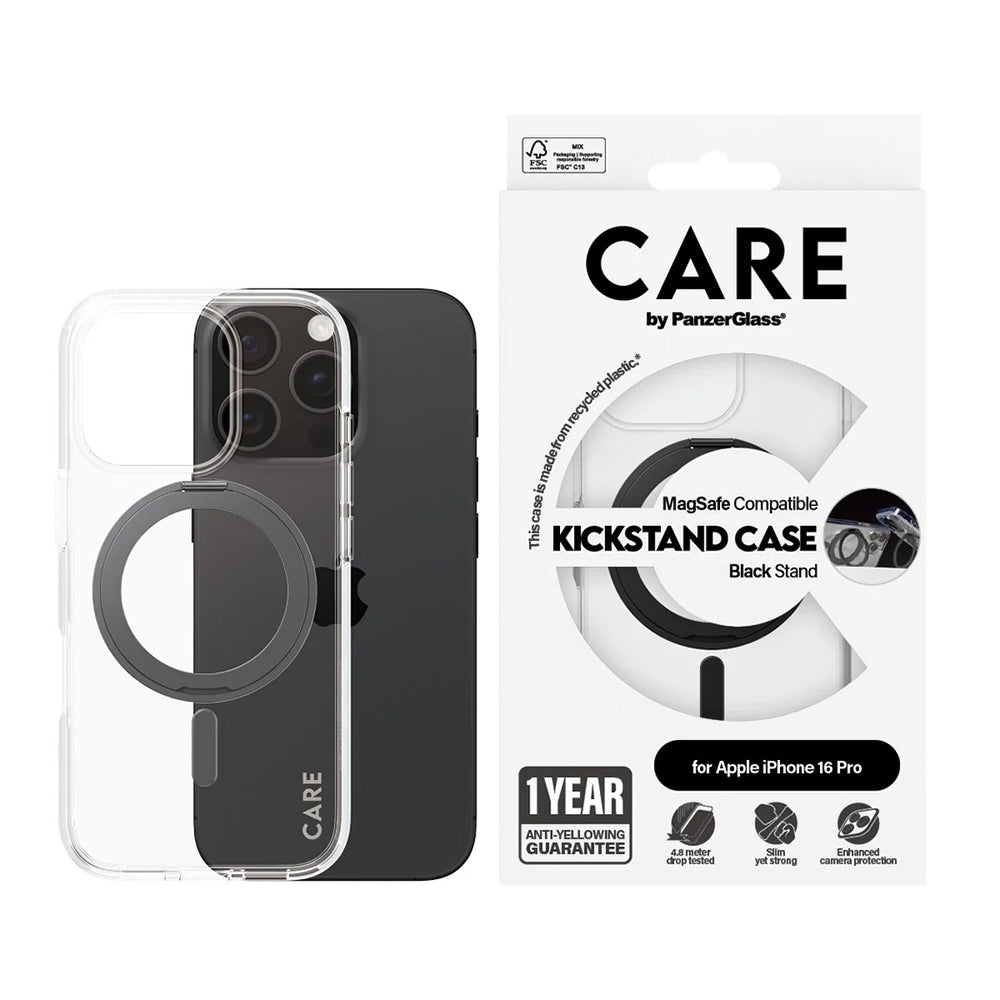 MagSafe Hülle für Apple iPhone 16 Pro, PanzerGlass, mit Kickstand, Schwarz Transparent