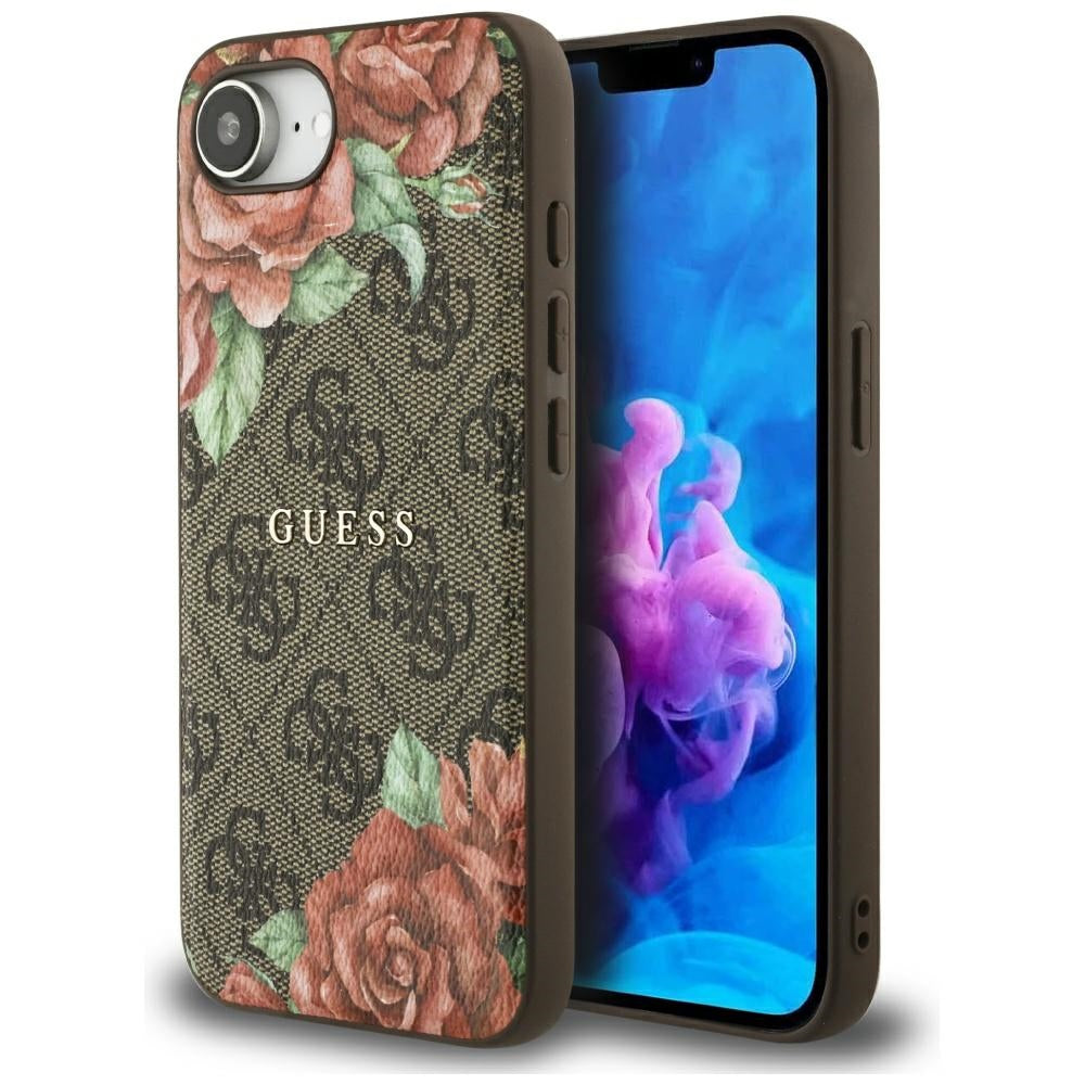 MagSafe Hülle für Apple iPhone 16e, Guess, 4G Flowers Print, Braun