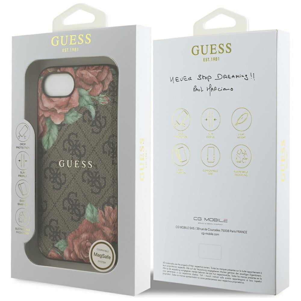 MagSafe Hülle für Apple iPhone 16e, Guess, 4G Flowers Print, Braun