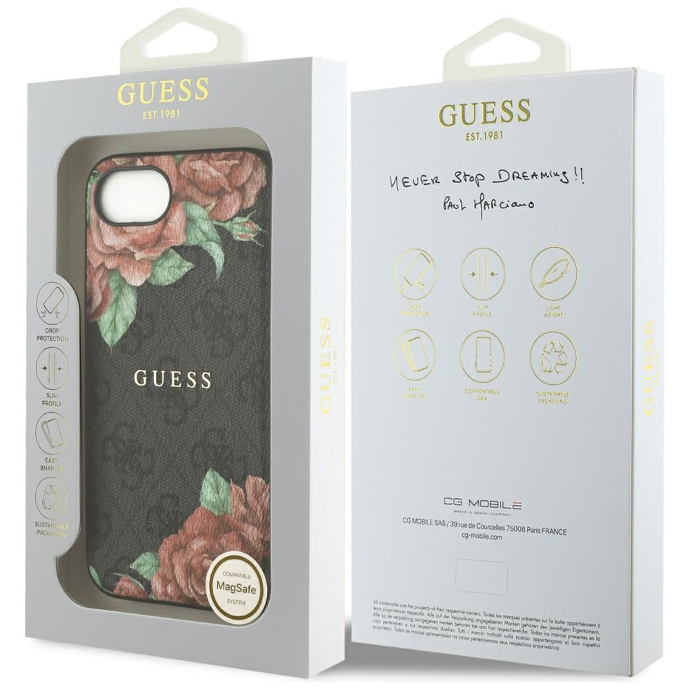 MagSafe Hülle für Apple iPhone 16e, Guess, 4G Flowers Print, Schwarz