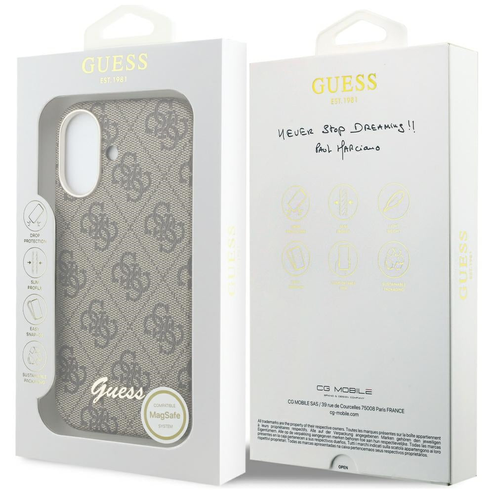 MagSafe Hülle für Apple iPhone 17, Guess, 4G Script Logo, Braun