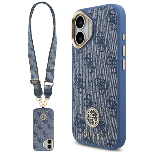 MagSafe Hülle für Apple iPhone 17, Guess, 4G Strass Logo mit großem Band, Blau