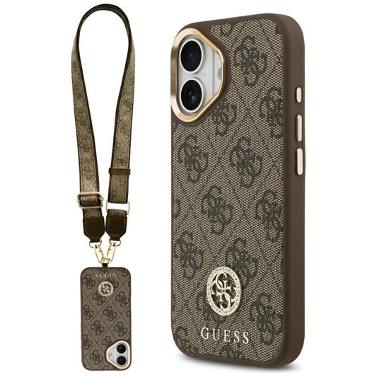MagSafe Hülle für Apple iPhone 17, Guess, 4G Strass Logo mit großem Riemen, Braun