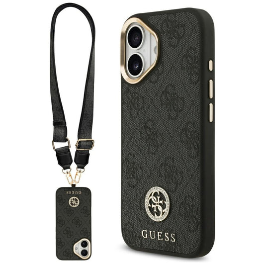 MagSafe Hülle für Apple iPhone 17, Guess, 4G Strass Logo mit großem Band, Schwarz