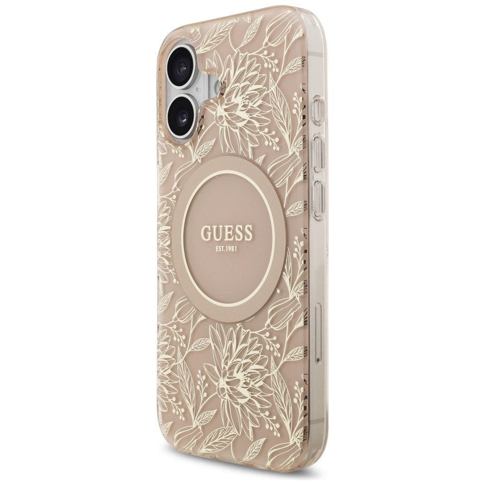 MagSafe Hülle für Apple iPhone 17, Guess, IML Flowers Allover Electroplated with Pearl Strap, Schwarz