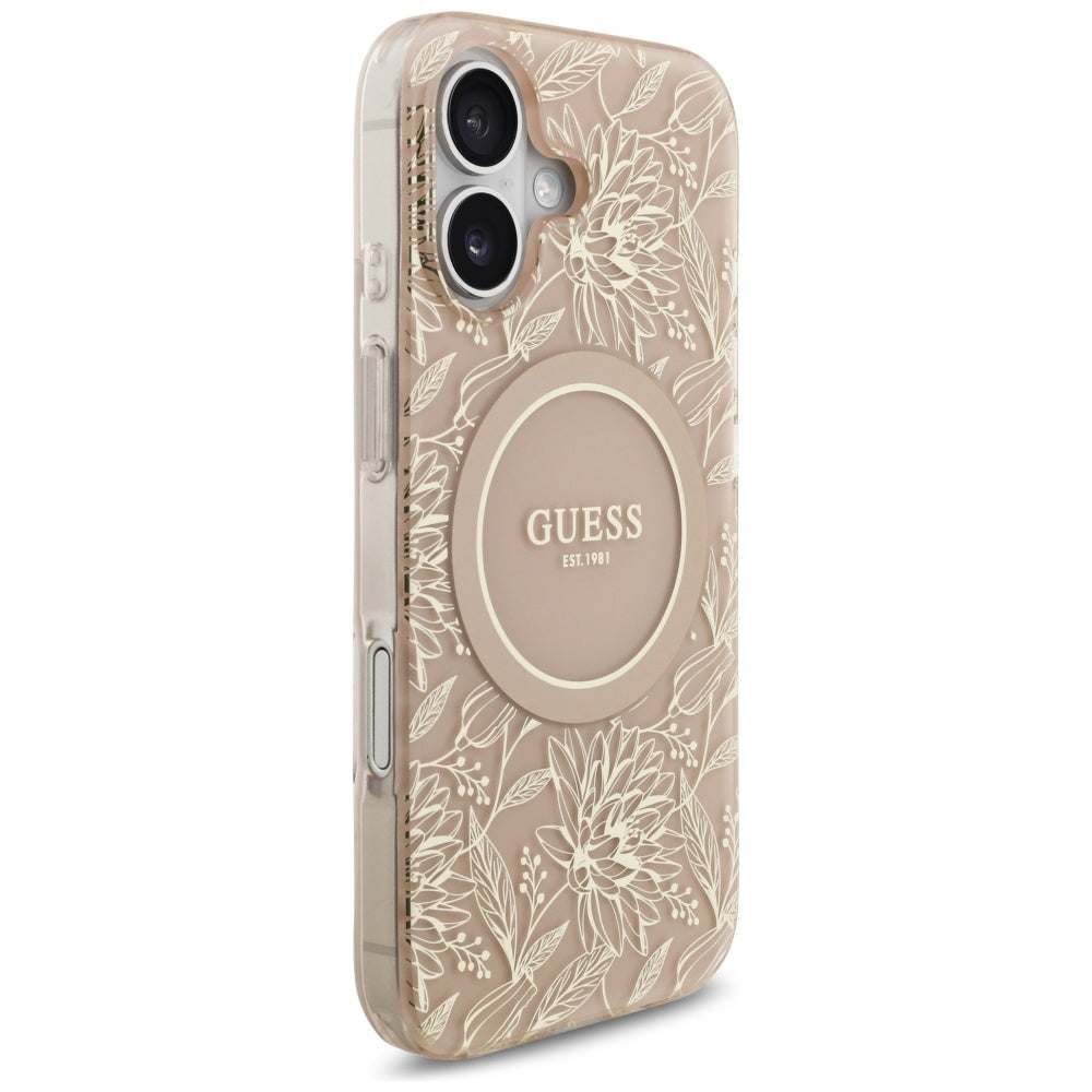 MagSafe Hülle für Apple iPhone 17, Guess, IML Flowers Allover Electroplated with Pearl Strap, Schwarz