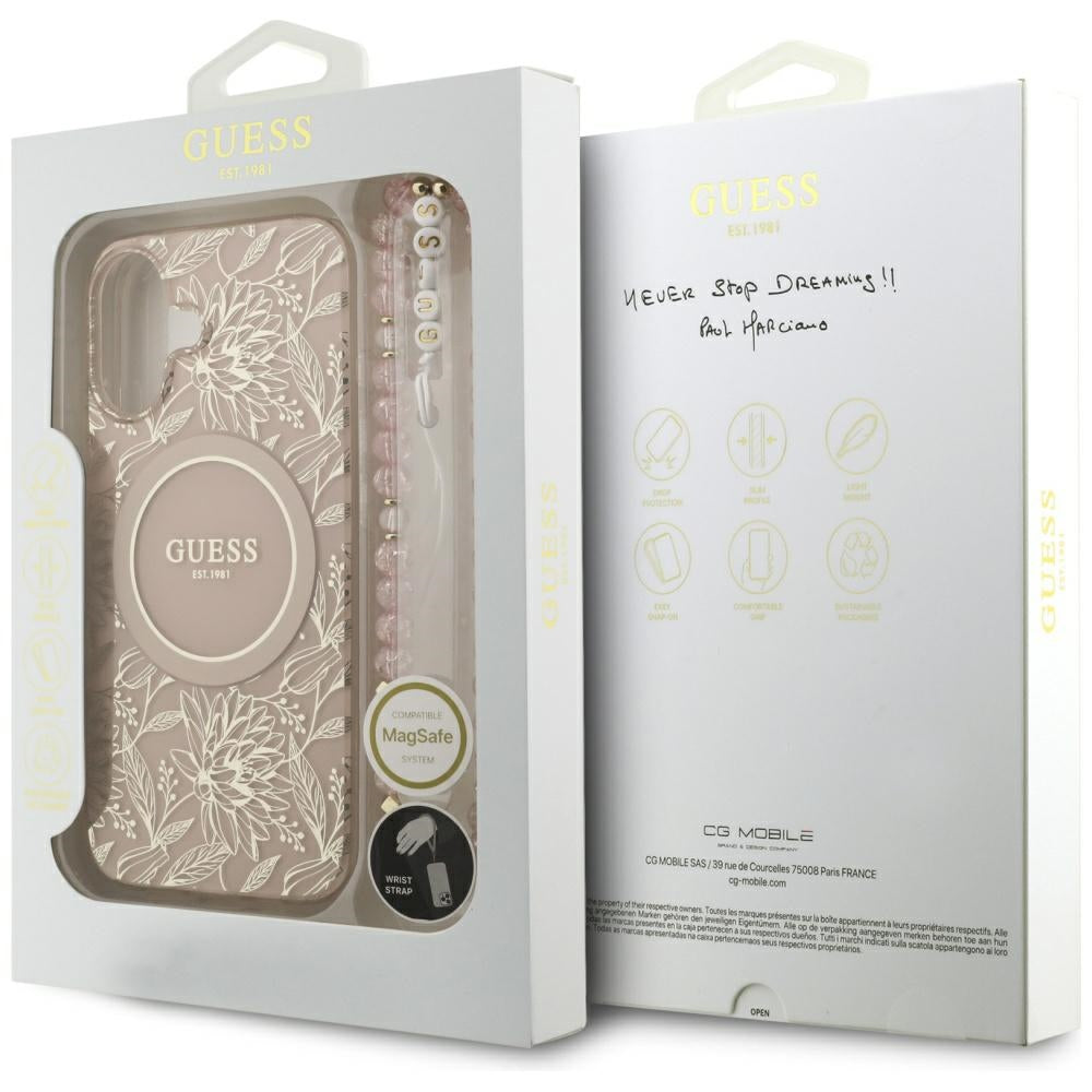 MagSafe Hülle für Apple iPhone 17, Guess, IML Flowers Allover Electroplated with Pearl Strap, Schwarz