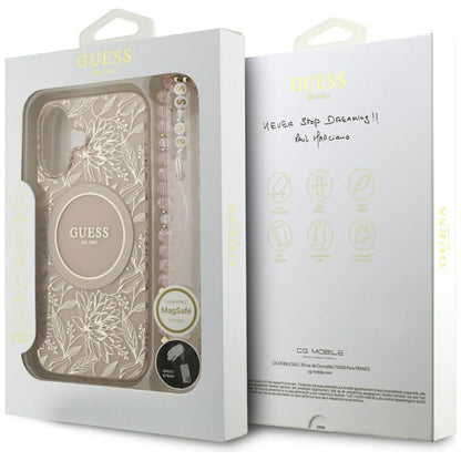 MagSafe Hülle für Apple iPhone 17, Guess, IML Flowers Allover Electroplated with Pearl Strap, Schwarz