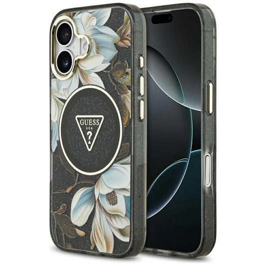 MagSafe Hülle für Apple iPhone 17, Guess, IML Metal Glitter Flowers Triangle, Schwarz